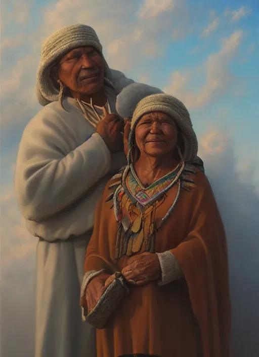 Image similar to portrait of an indigenous grandfather and grandmother in the clouds, smiling, protection, benevolence, ancestors, art by christophe vacher