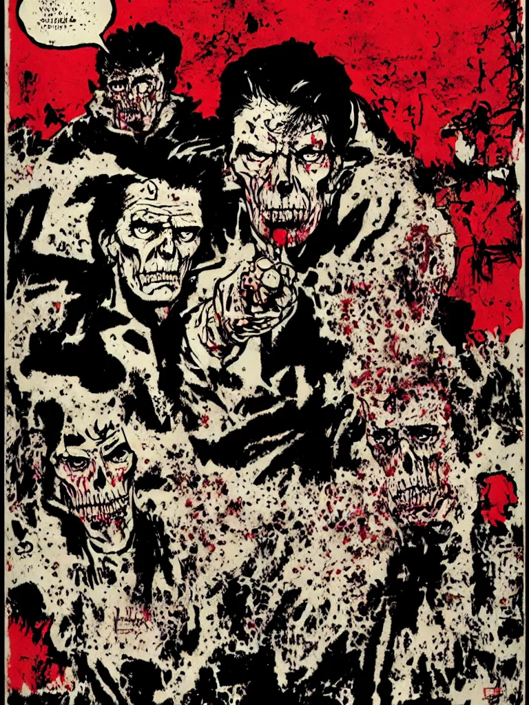 Prompt: undead ronald reagan, scowling, realistic portrait, hair visible, gritty texture, punkrock poster by frank miller and mike mignola