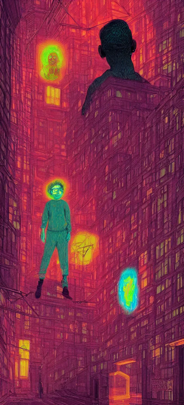 Image similar to bright psychedelic graphic novel stariing todd solondz lonely in a cold city, diffuse lighting, fantasy, intricate, elegant, highly detailed, lifelike, photorealistic, digital painting, artstation, illustration, concept art, smooth, sharp focus, art by francis bacon