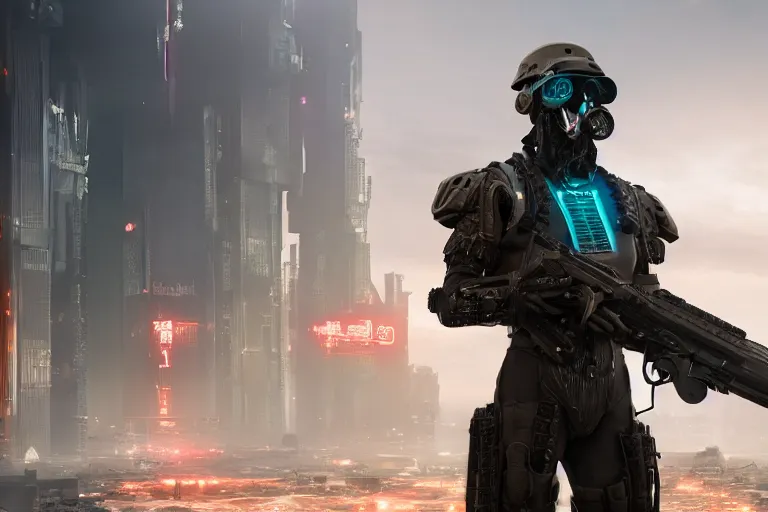 Image similar to 3d render of a detailed cyberpunk soldier with full-head helmet carrying a sci-fi futuristic energy rifle in his arms, standing in front of a dilapidated advanced cyberpunk city, 4k, Unreal Engine, octane render