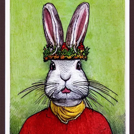 Image similar to a rabbit wearing a crown, in the style of carl larsson