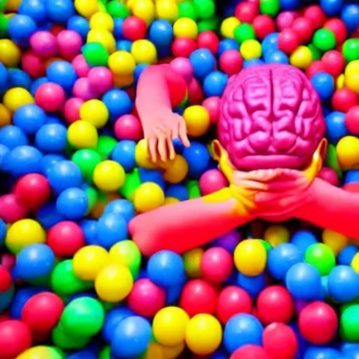Prompt: A disembodied, floating human brain playing in a ball pit