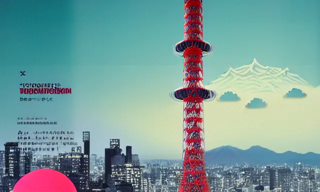 Image similar to Japan Tsutenkaku Tower, a poster design for a contemporary graphic design exhibition, by Wes Anderson, KAWS, open negative space, clean color and neon fluorescent airbrush accents graphic design volumetric octane render