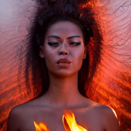 Prompt: A very beautiful Polynesian woman, lava and fire goddess, is captured in a depth of focus shot with dramatic lighting, rim lights, and high level of detail. She is composed completely of lava, with melting skin and flames for hair. Character is in all her magnificence and is in a naturally calm stance, with air smoke and particles in the atmosphere as well as decorative clouds