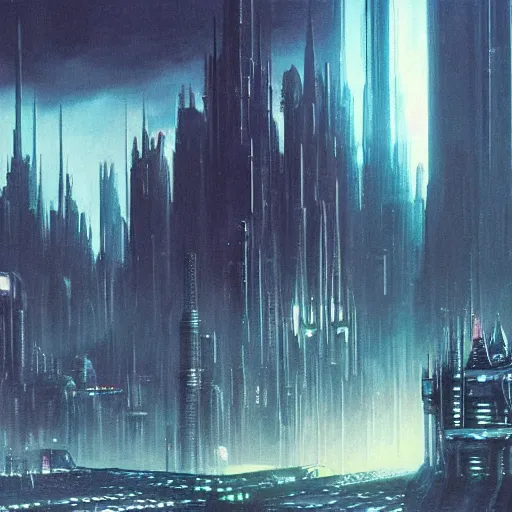 Image similar to dystopian evil cyberpunk cityscape, giant spires and buildings, 1 9 7 0 s star wars concept art painting