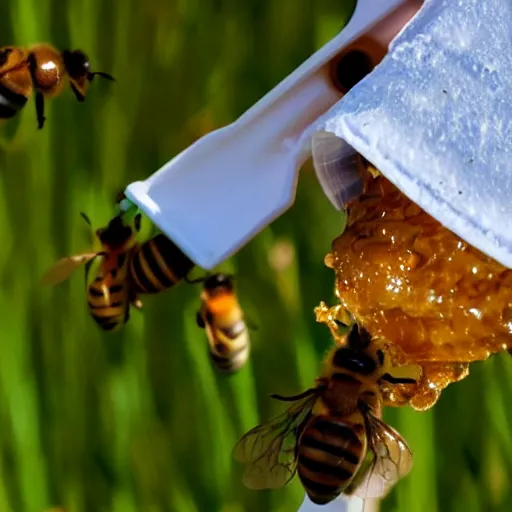 Prompt: going down a slip and slide covered in honey so bees eat you