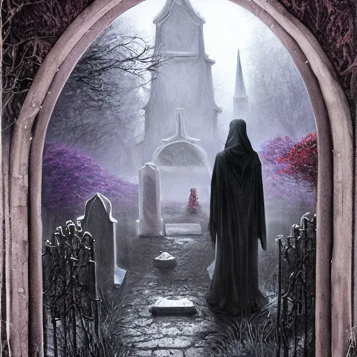 Image similar to a painting of a mysterious man in cloak standing in a graveyard mausoleum, soft vaguely violet color, an ultrafine detailed painting by seb mckinnon, featured on cgsociety, gothic art, darksynth, dark and mysterious, ominous vibe, red leaves on the ground