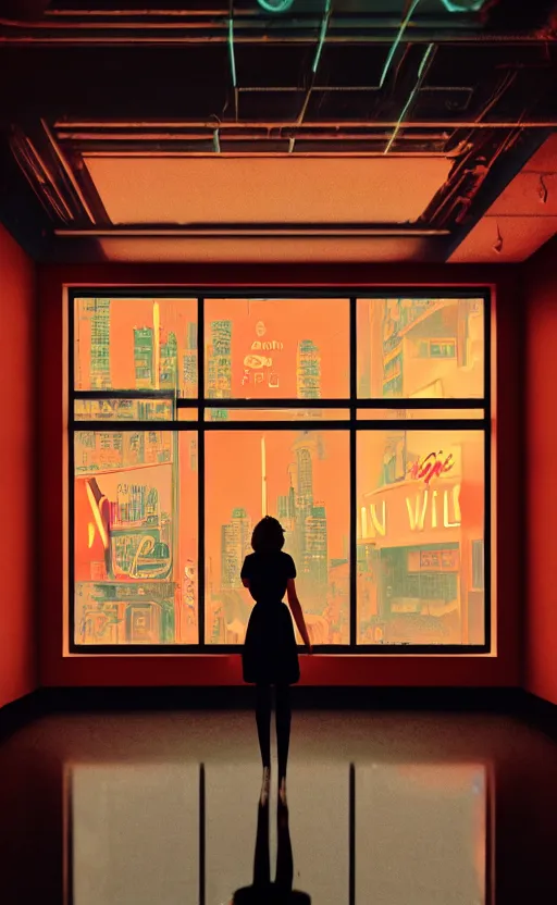 Image similar to vertical movie frame portrait of girl in 5 0's retro restaurant interior, neon - decorated urban on night in the city seen through the window, modern interior design, architectural design, vintage, night blade runner, dark, postapocalyptic, clean lines, 4 k, octane, asian futuristic city at distance, big windows, octane, wide angle