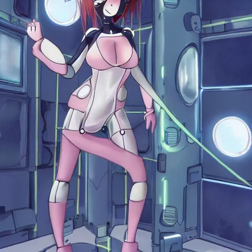 Prompt: beautiful and gorgeous anime girl in a thight plug suit scavenging a abandoned space station