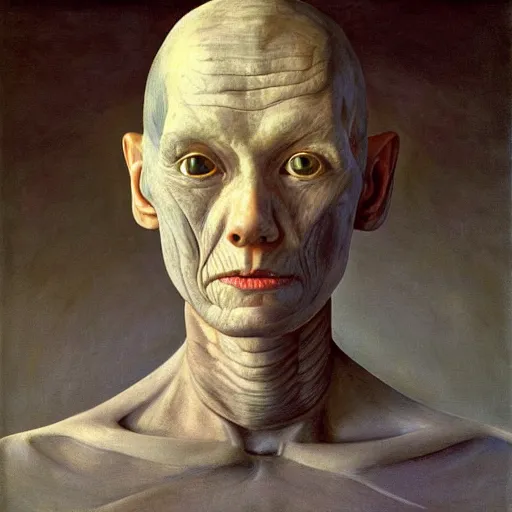 Prompt: photorealistic portrait of an alien cyborg, by andrew wyeth, hilma af klint, rene magritte, grant wood, afternoon light, side lit, very detailed