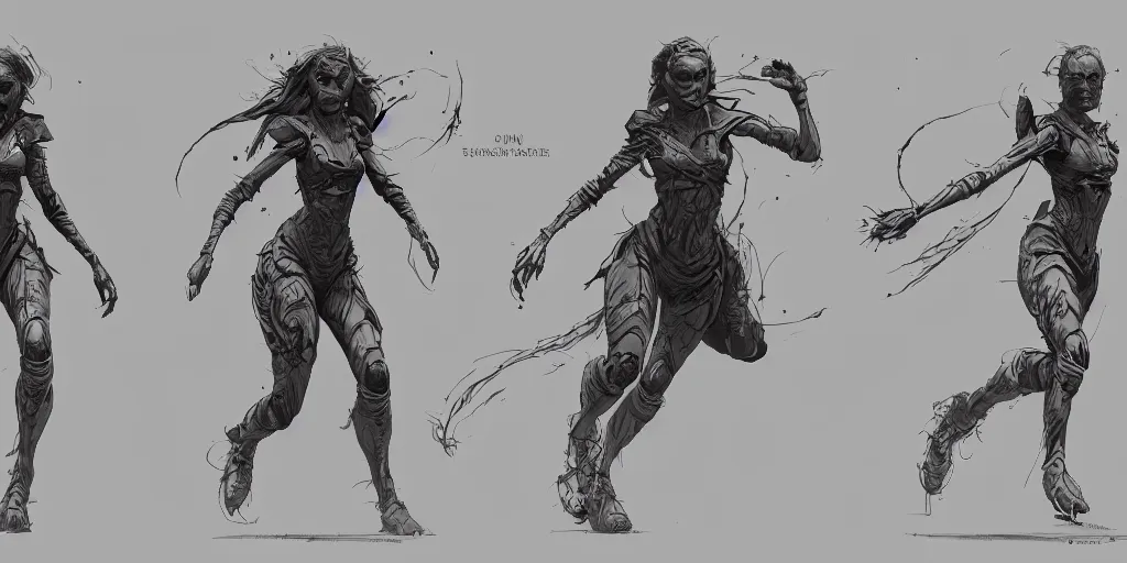 Image similar to samara weaving running cycle, character sheet, fine details, concept design, contrast, kim jung gi, greg rutkowski, trending on artstation, 8 k, full body, turnaround, front view, back view, ultra wide angle