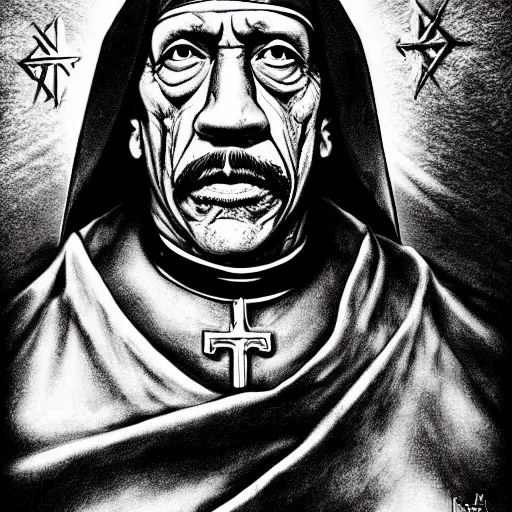 Image similar to Danny Trejo as church nun, dark fantasy, highly detailed, artstation, manga illustration by Kentaro Miura berserk