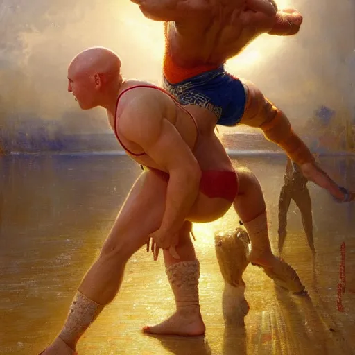 Image similar to bald wrestler breaking blonde wrestler's back, radiant light, caustics, heroic, bright iridescent light, by gaston bussiere, bayard wu, greg rutkowski, maxim verehin, epic wrestling combat, legendary