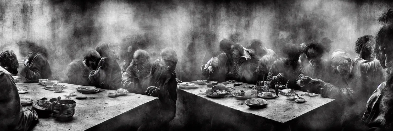 Image similar to Award Winning Editorial wide-angle picture of a Tramps in a new York Soup Kitchen by David Bailey and Lee Jeffries, called 'The Last Supper', 85mm ND 5, perfect lighting, gelatin silver process