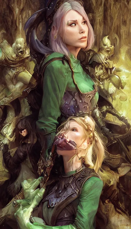 Image similar to epic masterpiece portrait alice in dungeons and dragons, sweaty skin, hyperrealistic, octane render, cinematic, beautiful face and flawless skin, perfect hands, emeralds by Edgar Maxence and Ross Tran and Michael Whelan, Legends of Runeterra