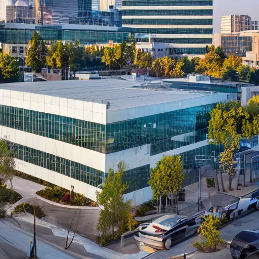 Image similar to aerial view, a beautiful office building exterior with sleek modern design by Gensler and large windows, golden hour, professional photography - W 768