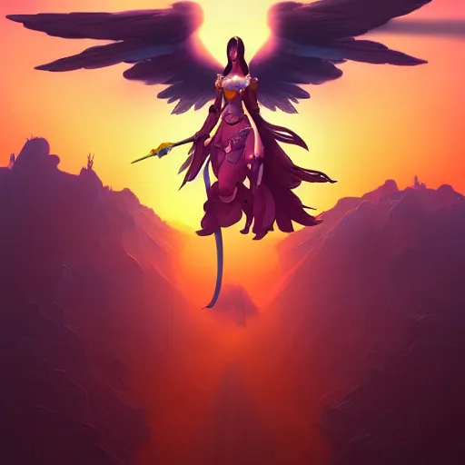 Image similar to an angelic hyperdetailed 3 d matte painting of a female warrior in an angelpunk mechasuit in the style of overwatch hero and hyper light drifter over a beautiful sunset color scheme by peter mohrbacher by beeple by peter max