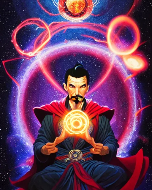 Prompt: a thangka portrait of dr. strange with glow, surrounded with spiriling sparkling flash crystals and galaxies, by jesper ejsing, aleksi briclot, hyper light drifter, by ilya kuvshinov katsuhiro, jim burns, ed emshwiller, greg rutkowski, trending on artstation