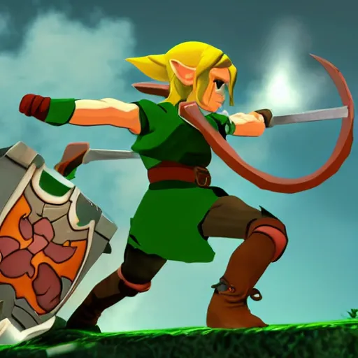 Image similar to a cartoon version of Link, fighting a Bokoblin