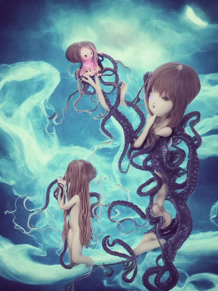 Image similar to cute fumo plush gothic octopus maiden alien girl combing her hair in the waves of the dark galactic abyss, ocean waves and reflective splashing water, ocean simulation, vignette, vray