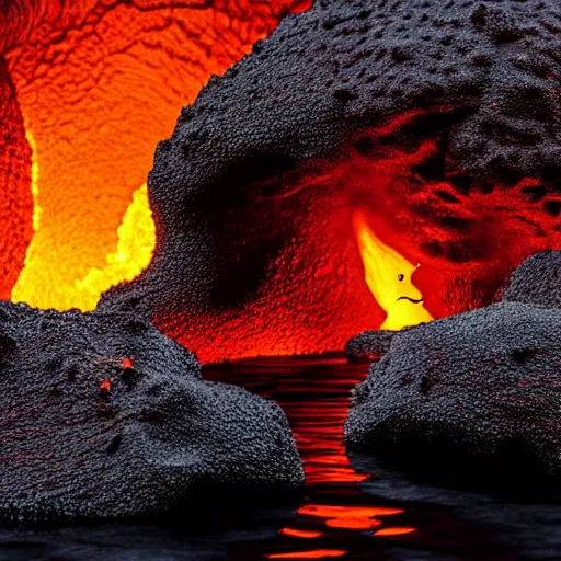 Prompt: head of kirby emerges from a lava lake, cave background, high detail, lava reflections, cave reflecting in lava lake, dramatic shot