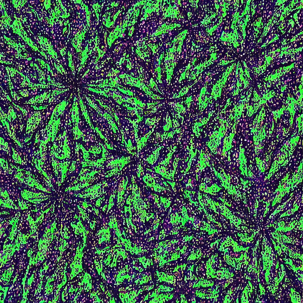 Image similar to camo made of out cannabis, smiling, abstract, maya bloch artwork, do hoang tuong artwork, cryptic, dots, stipple, lines, splotch, concrete, color tearing, uranium, neon, pitch bending, cannabis plant, faceless people, dark, ominous, eerie, minimal, points, technical, painting