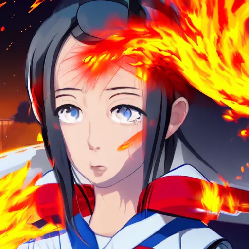 Image similar to Portrait of a Japanese schoolgirl with short hair in school uniform causing flames in a moment of rage with GUNDAM on background, ultra detailed, artstation, 8k, photorealistic, digital anime art.