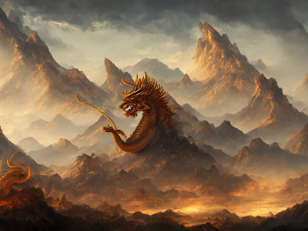 Image similar to a vast landscape painting of a giant golden dragon with horns standing between the mountains with a Chinese temple tower in the distance, trending on artstation, high quality concept art, fantasy, epic composition, detailed and intricate image, cinematic