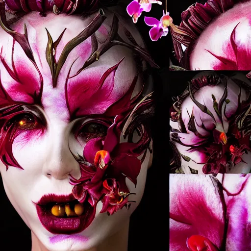 Image similar to a demon inspired by orchids created by the make up artist hungry, photographed by andrew thomas huang, cinematic, expensive visual effects