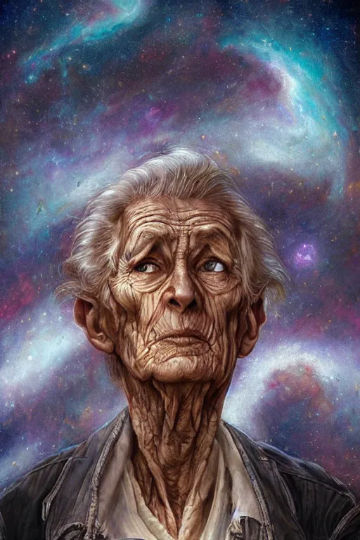 Image similar to the look of an elderly person full of wrinkles and imperfections by artgem and les edwards, highly detailed, high contrast, light reflection, trippy, nebula, trending on artstation