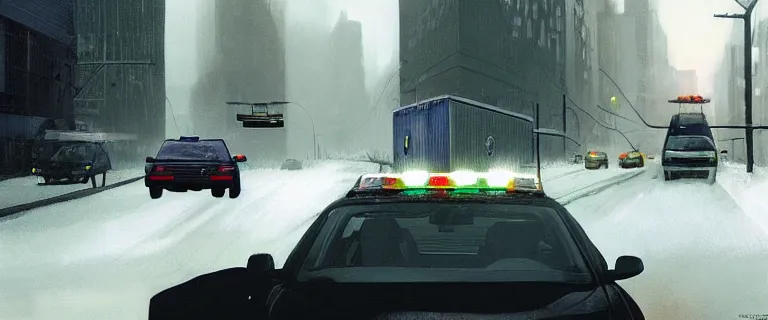 Image similar to NYPD cop cars chasing a Audi A4 B6 Avant (2002), a gritty neo-noir, dramatic lighting, cinematic, establishing shot, extremely high detail, photorealistic, cinematic lighting, artstation, by simon stalenhag, Max Payne (PC) (2001) winter new york, eldritch horror, police car chase