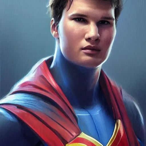 Prompt: portrait of a superhero by greg rutkowski, he looks like ansel elgort, he is wearing a blue and white kevlar gear with a cape, highly detailed portrait, digital painting, artstation, concept art, smooth, sharp foccus ilustration, artstation hq