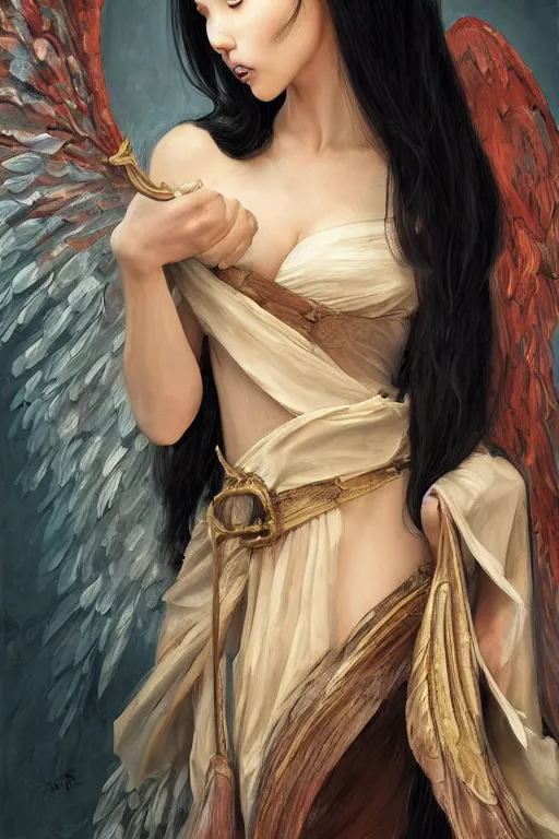 Image similar to a professional painting of a beautiful fallenangel geisha , olive skin, long dark hair, beautiful bone structure, symmetrical facial features, intricate, elegant, digital painting, concept art, smooth, sharp focus, illustration, by Ruan Jia and vitaly bulgarov and andrew nash and and Mandy Jurgens and musha and Artgerm and William-Adolphe Bouguerea