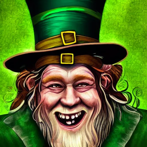 Image similar to a happy wizard leprechaun, digital art