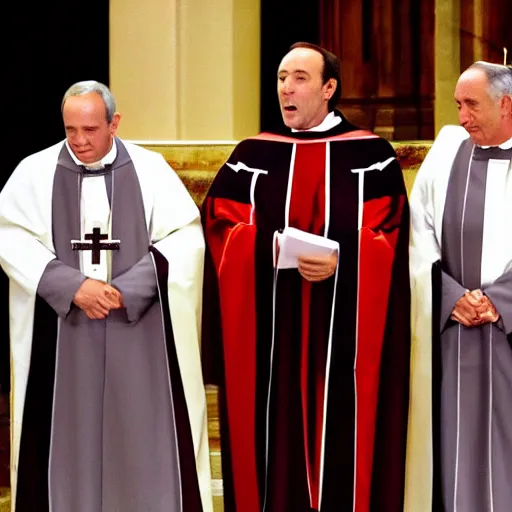 Prompt: jeffery epstein, bill cosby, and kevin spacey dressed up as catholic priests, speaking to a congregation in church, 8 k, realistic.