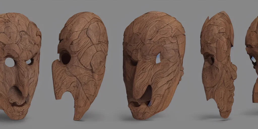 Prompt: wooden mask of joy design, character sheet, Moebius, Greg Rutkowski, Zabrocki, Karlkka, Jayison Devadas, Phuoc Quan, trending on Artstation, 8K, ultra wide angle, zenith view, pincushion lens effect