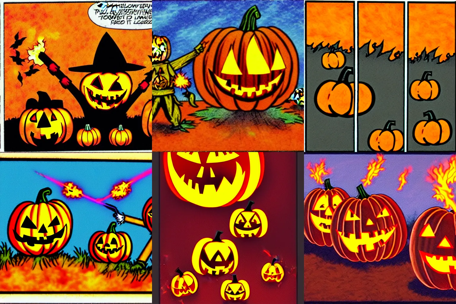 Image similar to Pumpkins holding flamethrowers fighting Scarecrows, comic panel