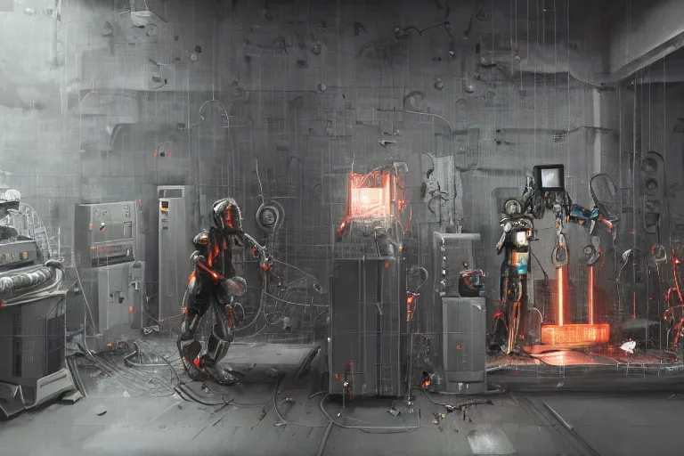 Prompt: blender gloomy colossal ruined server room in datacenter robot figure automata headless drone robot knight welder posing pacing fixing soldering mono sharp focus, emitting diodes, smoke, artillery, sparks, racks, system unit, motherboard, by pascal blanche rutkowski artstation hyperrealism cinematic dramatic painting concept art of detailed character design matte painting