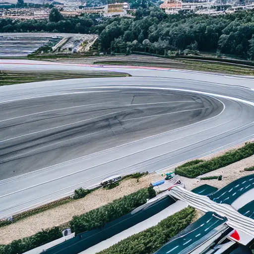 Prompt: drone photo of a futuristic racing circuit