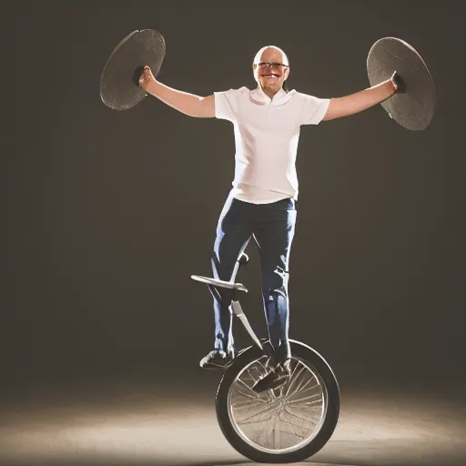 Prompt: george costanza riding a unicycle and juggling, joyful smile on face, spotlight lighting, professional photograph, 4 k