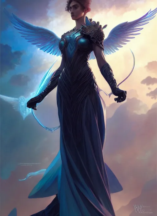 Image similar to a beautiful cinematic female archangel queen, fantasy sea landscape, fantasy magic, short aqua blue black fade hair, dark light night, intricate, elegant, sharp focus, illustration, highly detailed, digital painting, concept art, matte, art by WLOP and Artgerm and Greg Rutkowski and Alphonse Mucha, masterpiece