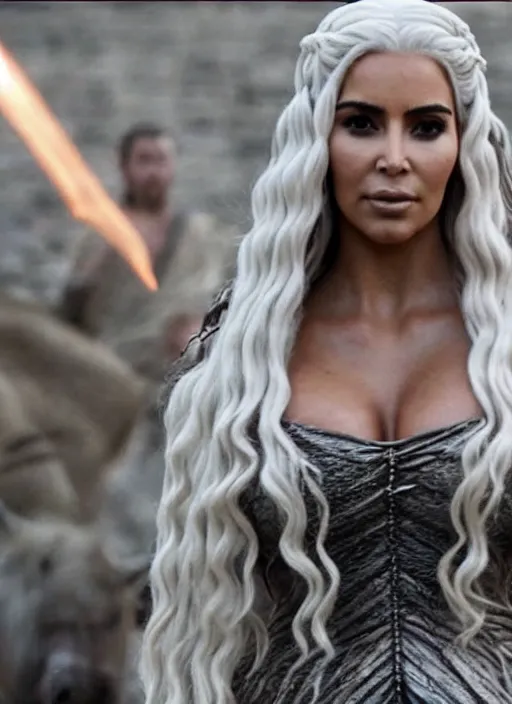 Image similar to film still of kim kardashian as daenerys targary in game of thrones.