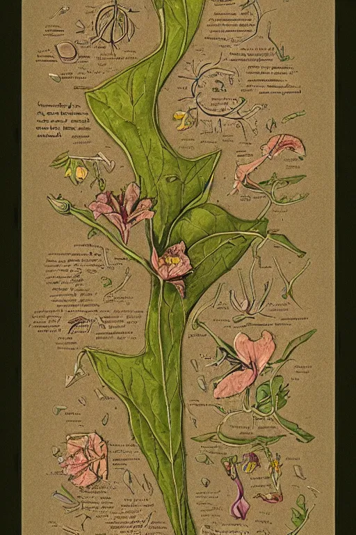 Prompt: scan of the flower petals of an old cursed herbarium by tim white, infographic, textbook, marginalia, cursed, alien, plant specimens, hortorium, scientific study