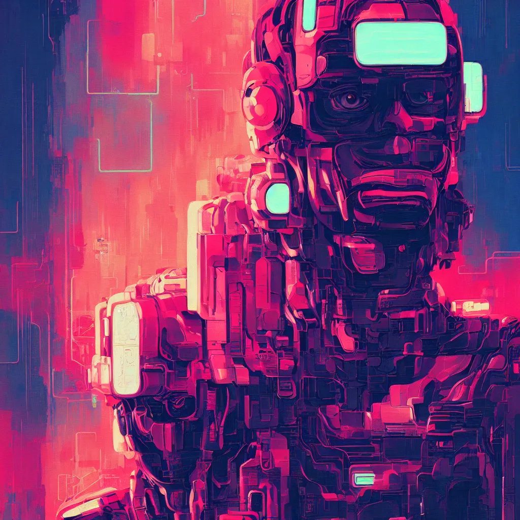 Image similar to a graph - style gouache impasto huge robot head, cyberpunk art by by james gilleard, katsuhiro tomo, cgsociety, retrofuturism, synthwave, retrowave, outrun