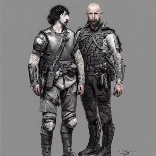 Image similar to portrait of adam driver helping a wounded john oliver, standing together, stoic, full body, military uniform, battle, war, fantasy, intricate, elegant, beautiful, highly detailed, charcoal, centered, dark, smokey, digital painting, artstation, concept art, smooth, sharp focus, illustration, art by artgerm and greg rutkowski and alphonse mucha