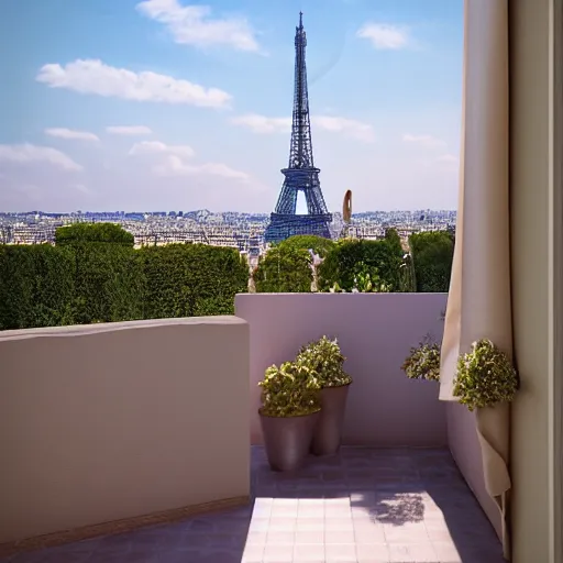 Image similar to clay pot on balcony overlooking paris eiffel tower, light pastel blue sky and clouds in the background, softly - lit, soft - warm, zen, light, modern minimalist f 2 0 clean