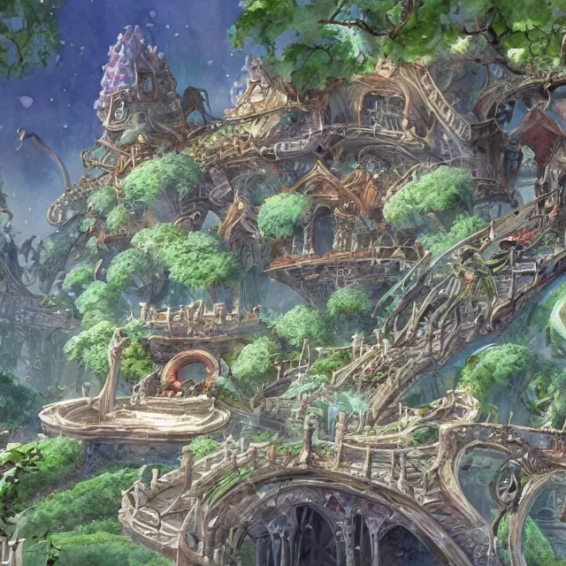 Prompt: the slimy squid palace at the blossom coast beautifully showcases elven architecture. watercolor by the award - winning concept artist