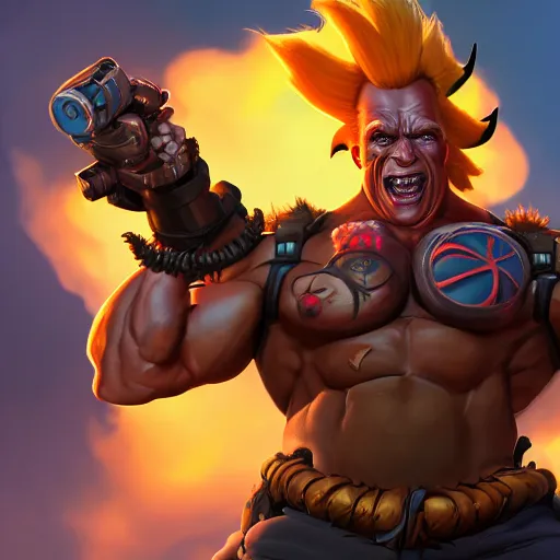 Image similar to a screenshot of arnold schwarzenegger as junkrat in overwatch holding detonator, portrait, fantasy, beautiful face, vivid colors, elegant, concept art, sharp focus, digital art, hyper - realistic, 4 k, unreal engine, highly detailed, hd, dramatic lighting by brom, trending on artstation