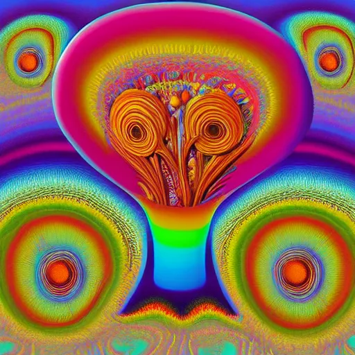 Prompt: a colorful mandelbulb 3 d mushroom in a psychedelic world, peace and love, by peter max and mark ryden