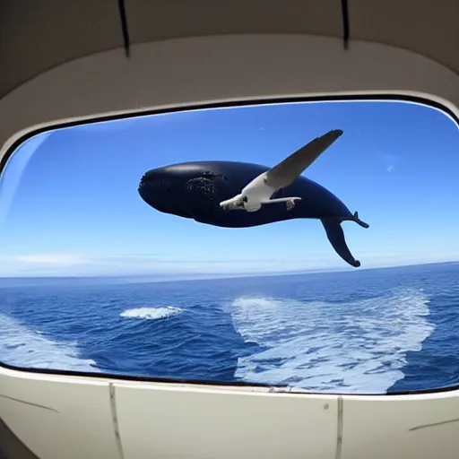 Image similar to an airplane with a tiny whale pilot, the whale is in the airplane cabin, the whale head can be seen through the window by people outside the airplane, the whale can be seeing inside the front of the plane, the command pilot is a whale, the whale is behind the window, the photo is taken outside the plane